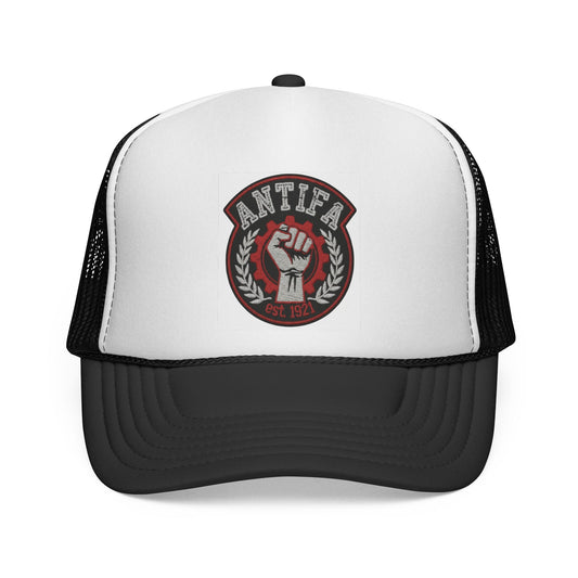 Antifa Raised Fist Trucker Cap — Political Mesh Snapback )+(Black and White)
