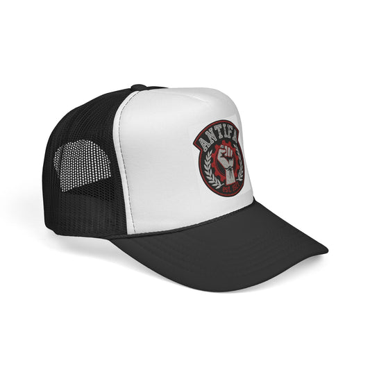 Antifa Raised Fist Trucker Cap — Political Mesh Snapback )+(Black and White)